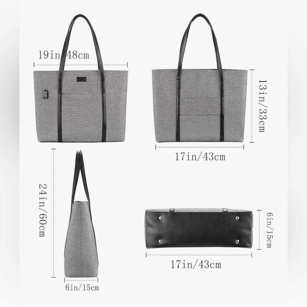 Work Laptop Tote Bag Gray Black Travel Office USB - Picture 7 of 7